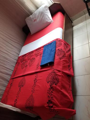 a bed with red sheets and a white pillow at Chumber Hotel in Gatunga