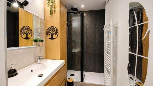 a bathroom with a shower and a sink at L'Éclat Céleste - Parking Gratuit et Securisé - Vue Panoramique - Wifi Fibre - Idéal Professionnel ou Escapade à Deux in Grenoble