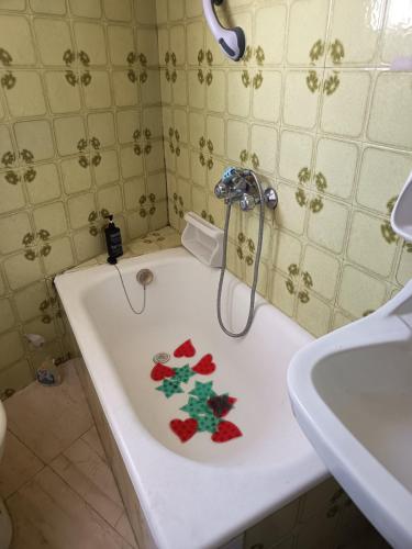 a bathroom with a bath tub with flowers on it at Sroom Karditsa in Karditsa
