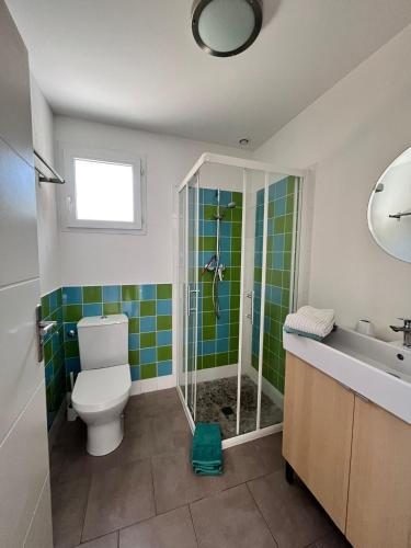 a bathroom with a toilet and a shower and a sink at La Villa Belle in Biscarrosse