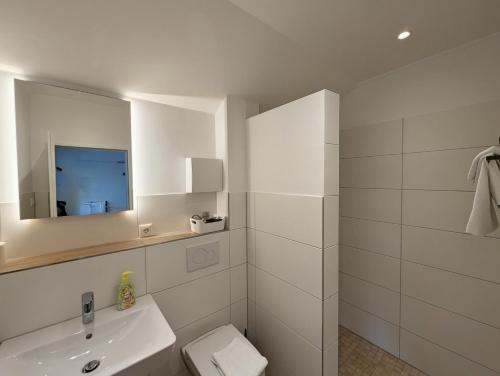 a bathroom with a sink and a toilet and a mirror at Hotel zur Erholung in Buxtehude