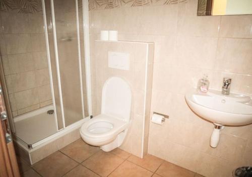 a bathroom with a toilet and a sink at Ekofarma Sádky in Uherské Hradiště