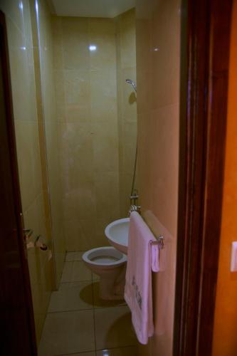 a bathroom with a toilet and a sink at Hotel Rimal Sahara in Laayoune