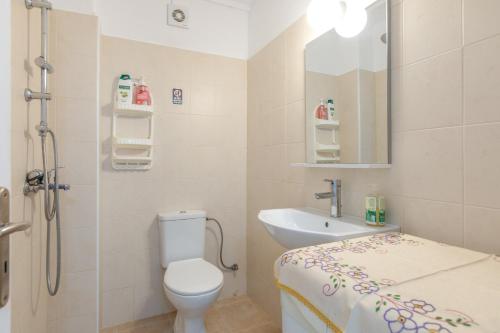 a small bathroom with a toilet and a sink at Stella's Olive Tree House in Adelianos Kampos