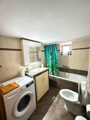 a bathroom with a washing machine and a toilet at Mythos House in Palekastron