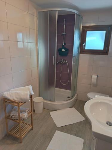 a bathroom with a shower and a sink at Studio apartman Belvedere in Motovun