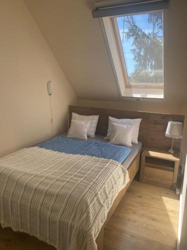 a bedroom with a bed with a large window at Homoki Wellness Üdülőház in Balatonakarattya