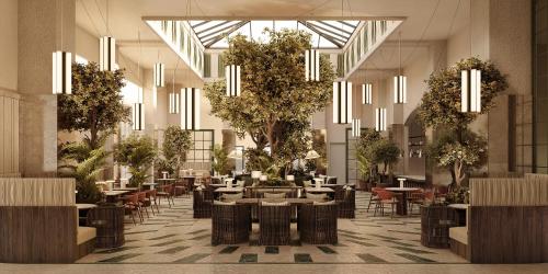 a rendering of a restaurant with tables and trees at CORI Hornbæk Hotel in Hornbæk