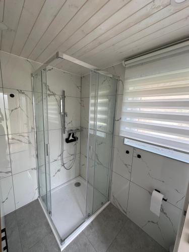 a bathroom with a shower with a glass door at Domeček pod lípou in Neveklov