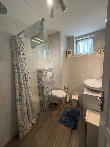 a bathroom with a shower and a toilet and a sink at Apartments Rome in Baška