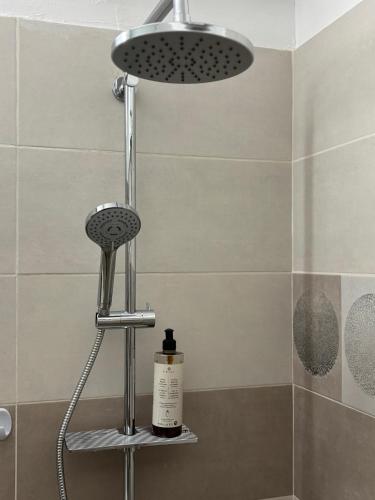 a bathroom with a shower with a shower head at Sunny Apartment in Constanţa