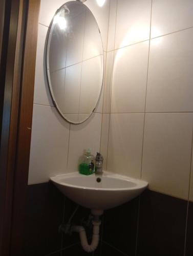 a bathroom with a sink and a mirror on the wall at Penelope apartment in Neoi Epivates