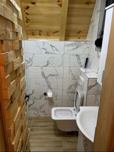 a bathroom with a white toilet and a sink at Black Pine Chalet in Meždo