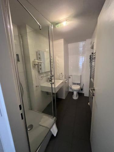 a bathroom with a shower and a toilet at Urban City Nest in Vienna