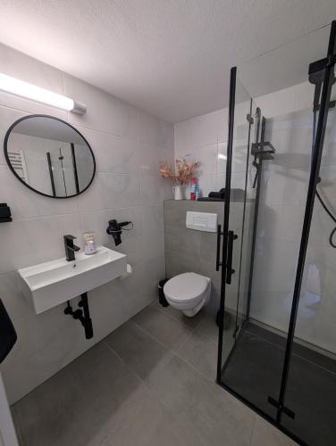 a bathroom with a sink and a toilet and a mirror at Gästezimmer am Deister in Barsinghausen