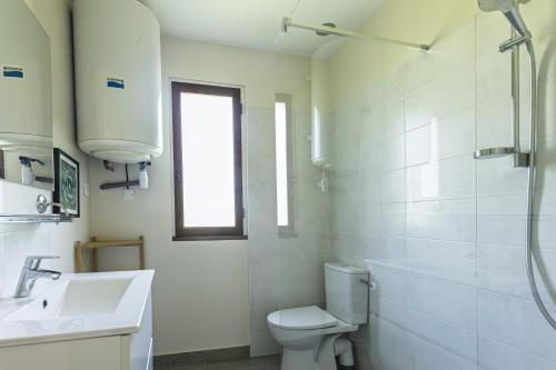 a white bathroom with a toilet and a sink at Villa L'Andélu - Conciergerieland in Saint-Michel-Escalus