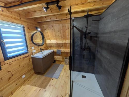 a bathroom with a shower and a sink at Tipi Big Foot in Vivy