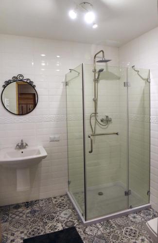 a bathroom with a glass shower and a sink at Agroturystyka Rumcajsówka in Bałtów