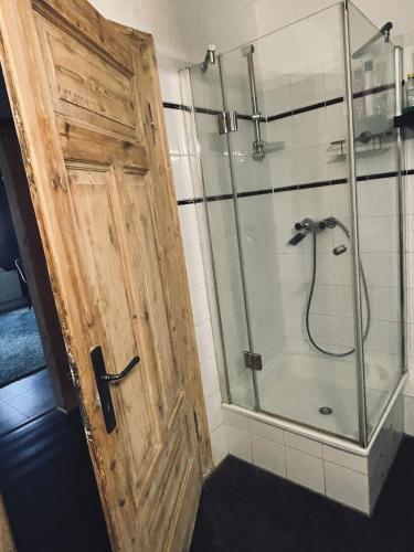 a bathroom with a shower with a wooden door at Stadtwohnung Mettmann in Mettmann