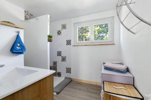 a bathroom with a sink and a window at Gîte De L'etrie in Mauves-sur-Loire