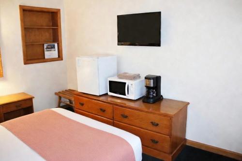 ein Zimmer mit einem Bett und einer Mikrowelle auf einer Kommode in der Unterkunft Paddle Inn in Ely