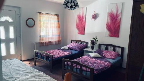 two beds in a room with pink pillows at FLY Vendégház in Szólád