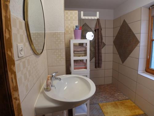 a bathroom with a sink and a mirror at Blaues Häuschen in Gössendorf