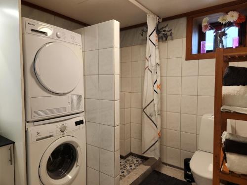 a bathroom with a washing machine in a bathroom at Gate 1 apartment in Måløy