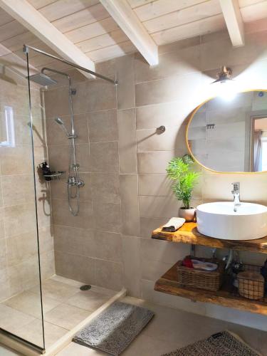 a bathroom with a sink and a shower at Suite Home Villa Paxos in Gaios