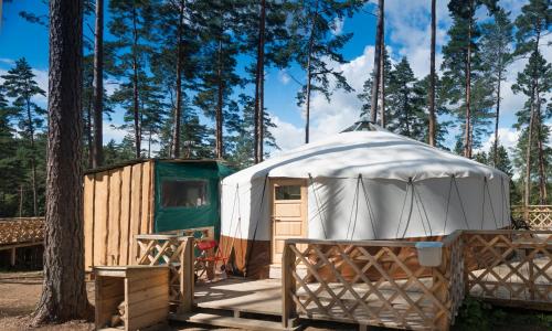 a yurt with a wooden fence and trees at Yurtos in Gaugariai