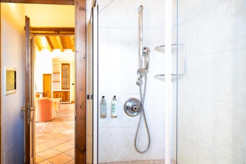 a shower with a glass door in a bathroom at Appartamenti Apollo XI, GTSGroup in Tignale