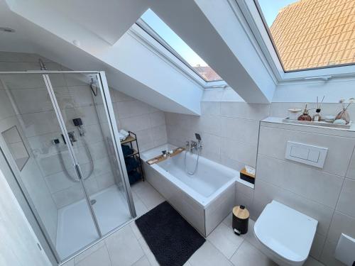 a bathroom with a shower and a toilet and a sink at Auszeit im Weindorf in Kappelrodeck