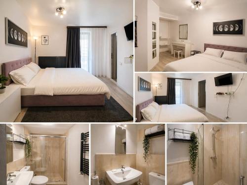a collage of four pictures of a hotel room at Pensiunea Relax in Curtea de Argeş