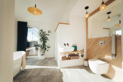 a bathroom with a tub and a sink and a toilet at AMRAI Magnetic in Ventspils