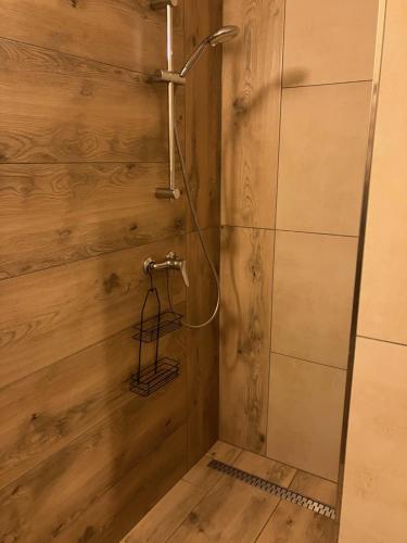 a shower in a bathroom with a wooden wall at Don Kichot in Grajewo