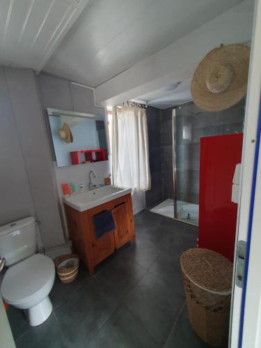 a bathroom with a toilet and a sink and a shower at Longère 'Nature et Baies' in Montigny