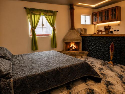 a bedroom with a bed and a fireplace at Morada Iluminada Aconchego com Ar condicionado e Lareira in Miguel Pereira