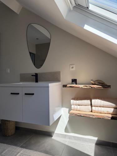 a bathroom with a sink and a mirror on the wall at La Parenthèse des Charmes in Andenne