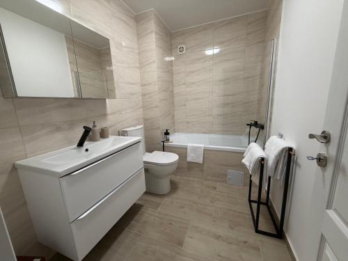 a bathroom with a sink and a toilet and a tub at IDDA Concept 1 in Târgu-Mureş