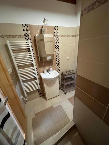 a small bathroom with a sink and a mirror at Slnečný dvor Bukovinka in Dravce