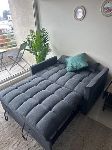 a black couch in a living room with a plant at LUGAnO 301 in Temuco