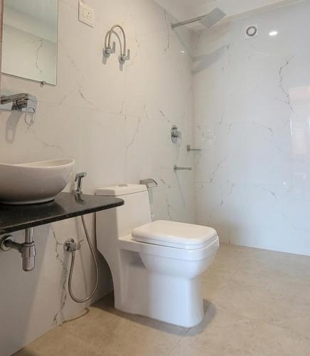 a bathroom with a white toilet and a sink at Casa Nova in Manāli