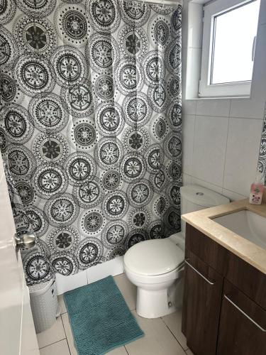 a bathroom with a toilet and a shower curtain at LUGAnO 301 in Temuco