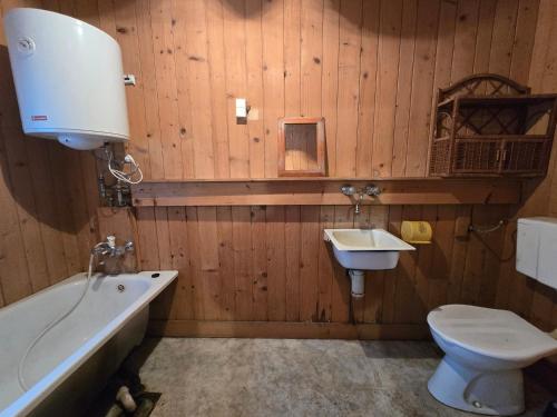 a bathroom with a sink and a tub and a toilet at Chata leśna u Górala in Stróża