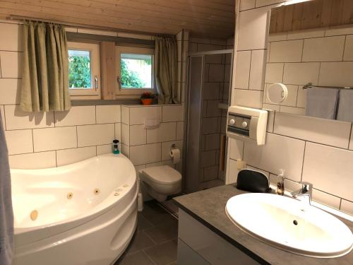 a bathroom with a tub and a sink and a toilet at Seeschwalbe 240 in Mirow
