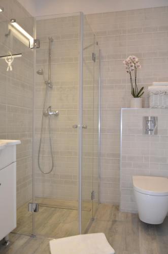 una ducha con puerta de cristal en un baño en Apartment Into3City Old Town Gdansk, en Gdansk
