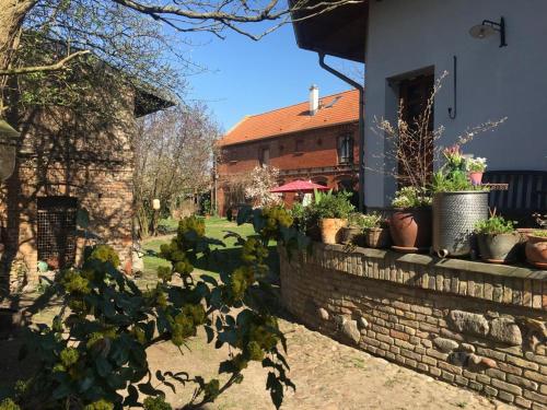 a brick wall with potted plants next to a building at Sommerhof im Havelland in Nennhausen
