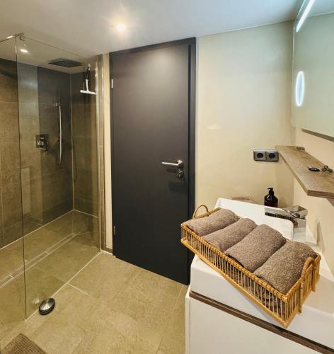 a bathroom with a shower and a black door at Ferienwohnung Weitblick in Guxhagen