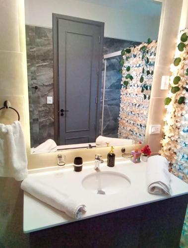 a bathroom with a sink and a large mirror at TORREMIA apartamentos de lujo in Cochabamba