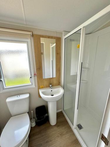 a bathroom with a toilet and a sink and a shower at Atlantic 63 in Bude